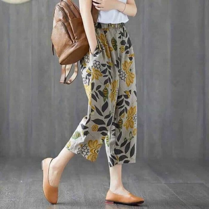 Print Cotton Casual Loose Female Pants- Grey - Image 1