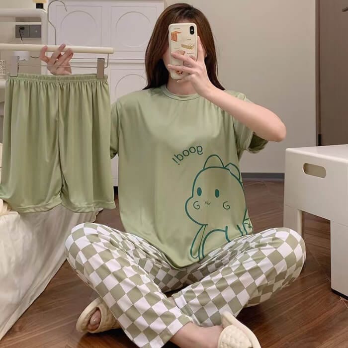 Casual Short Sleeved Knitted Trousers Elastic Waist Women Home Wear - Olive